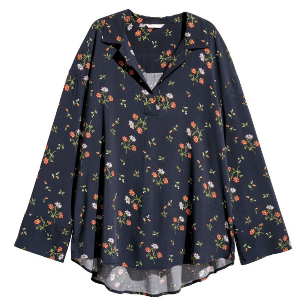 H&M Navy Floral V Neck Collar Blouse - Picture 3 of 6